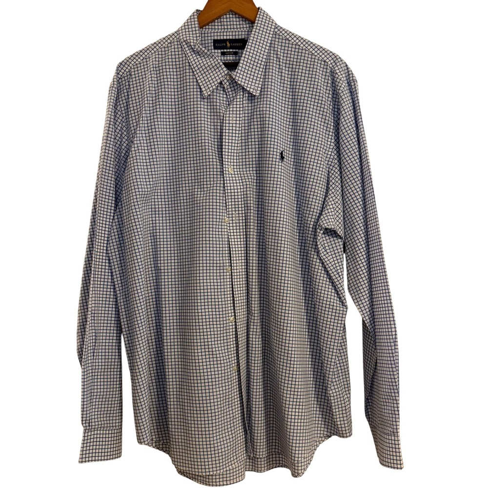 Ralph Lauren Mens Easy Care Blue White Gingham Check Button Down Shirt XXL